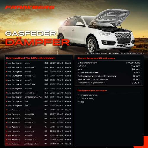 Frankberg 2x Gasfeder Dämpfer Motorhaube für Mini Countryman R60 Kombi Paceman R61 Coupe 2010-2016 Bild Frankberg 2x Gasfeder Dämpfer Motorhaube für Mini Countryman R60 Kombi Paceman R61 Coupe 2010-2016