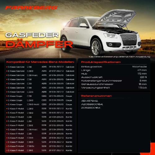 Frankberg 1x Gasfeder Dämpfer Motorhaube für Mercedes-Benz C-Klasse W205 Cabriolet 2014-2023 Bild Frankberg 1x Gasfeder Dämpfer Motorhaube für Mercedes-Benz C-Klasse W205 Cabriolet 2014-2023