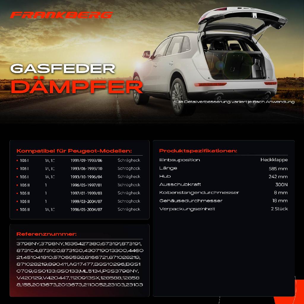 2x Gasfeder Dämpfer Heckklappe Peugeot 106 I II 1A 1C Schrägheck 1991-2004