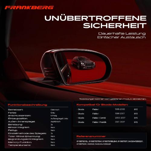 Frankberg 1x Außenspiegel Links für Skoda Fabia I 6Y2 6Y5 6Y3 1.0L 1.2L 1.4L 1.9L 2.0L Bild Frankberg 1x Außenspiegel Links für Skoda Fabia I 6Y2 6Y5 6Y3 1.0L 1.2L 1.4L 1.9L 2.0L