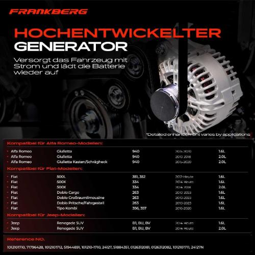 Frankberg 1x Lichtmaschine Generator für Alfa Romeo Giulietta Fiat 500L 500X Doblo Jeep Bild Frankberg 1x Lichtmaschine Generator für Alfa Romeo Giulietta Fiat 500L 500X Doblo Jeep