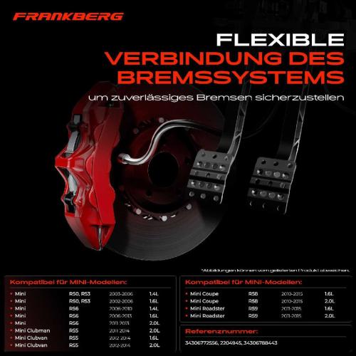 Frankberg 1x Bremsschlauch Bremsschläuche Hinterachse Links oder Rechts für MINI R56 R50 R53 R55 R57 R59 Cooper One Bild Frankberg 1x Bremsschlauch Bremsschläuche Hinterachse Links oder Rechts für MINI R56 R50 R53 R55 R57 R59 Cooper One
