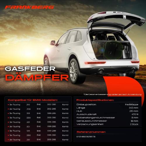 Frankberg 2x Gasfeder Dämpfer Heckklappe für BMW 3er Touring E46 Kombi 1999-2005 Bild Frankberg 2x Gasfeder Dämpfer Heckklappe für BMW 3er Touring E46 Kombi 1999-2005