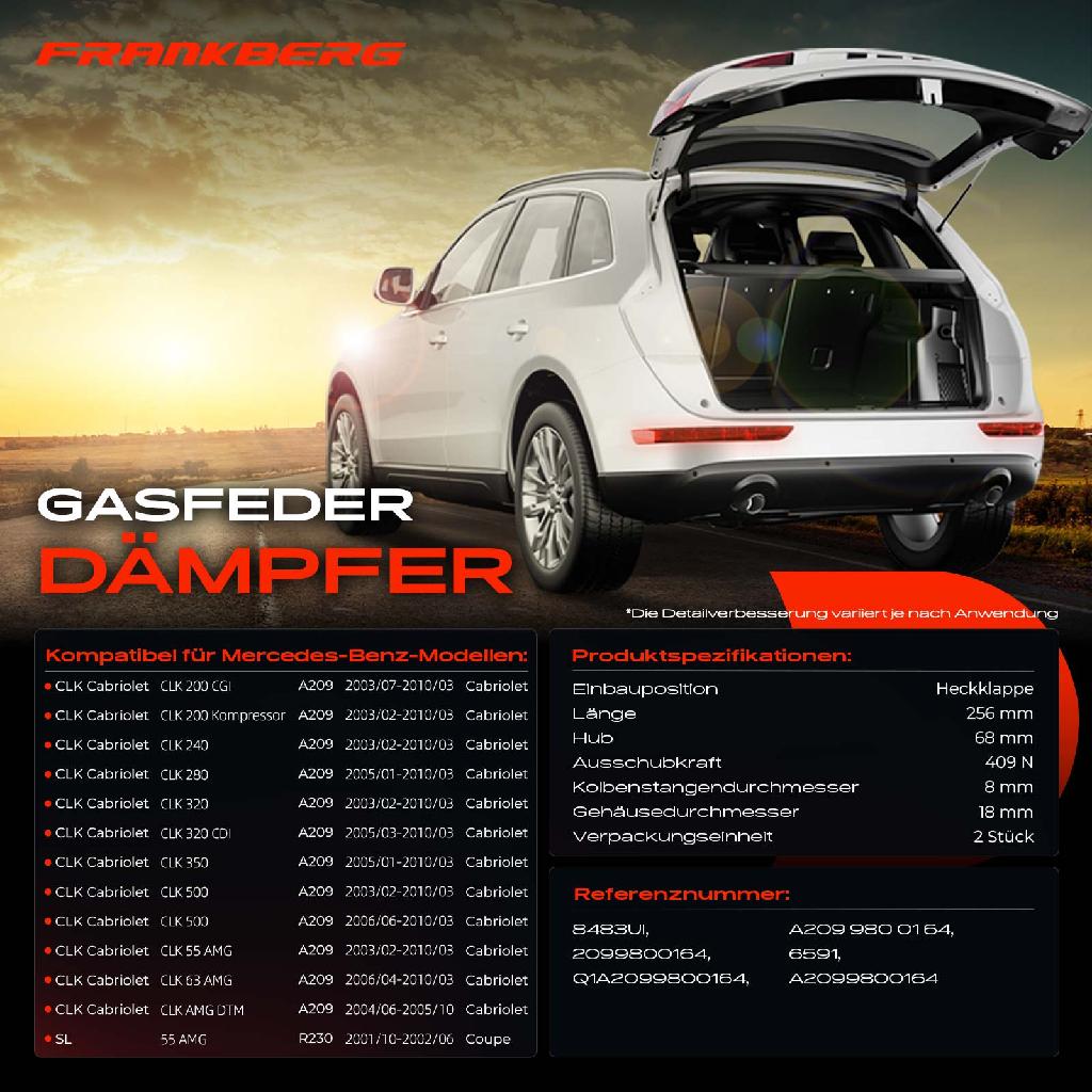 2x Gasfeder Dämpfer Heckklappe für Mercedes-Benz CLK Cabriolet A209 SL R230 2001-2010