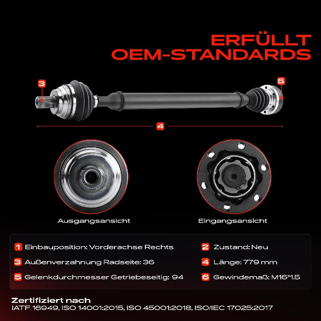 1x Antriebswelle Vorderachse Rechts für VW Golf V 1K1 1K5 Skoda Octavia 1U2 1U5 Seat Leon 1.4L