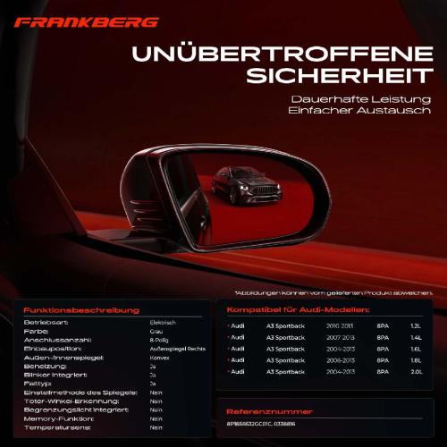 Frankberg 1x Außenspiegel Rechts für Audi A3 Sportback 8PA 1.2L 1.4L 1.6L 1.8L 2.0L 2004-2013 Bild Frankberg 1x Außenspiegel Rechts für Audi A3 Sportback 8PA 1.2L 1.4L 1.6L 1.8L 2.0L 2004-2013