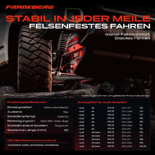 Frankberg 2x Stoßdämpfer Vorderachse für Audi A6 4F2 C6 A6 Avant 4F5 C6 2004-2011 Bild Frankberg 2x Stoßdämpfer Vorderachse für Audi A6 4F2 C6 A6 Avant 4F5 C6 2004-2011