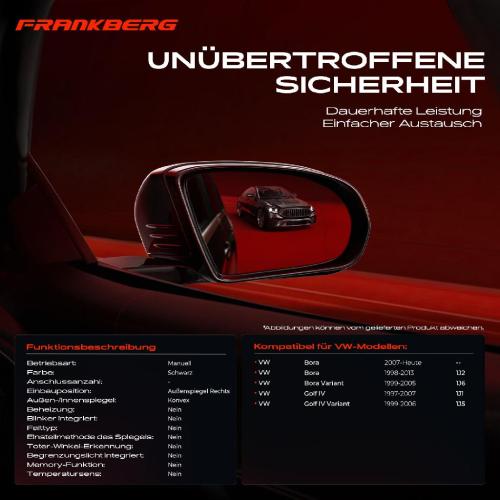 Frankberg 1x Außenspiegel Rechts für VW Golf IV 1J1 Variant 1J5 Bora 1J2 1J6 Bj ab 1997 Bild Frankberg 1x Außenspiegel Rechts für VW Golf IV 1J1 Variant 1J5 Bora 1J2 1J6 Bj ab 1997