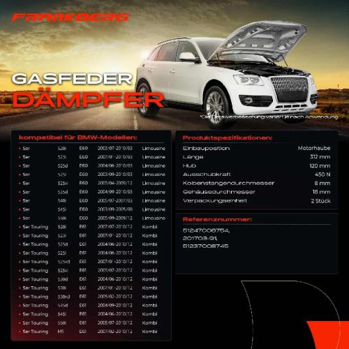 Frankberg 2x Gasfeder Dämpfer Motorhaube für BMW 5er E60 Limousine E61 Kombi 2003-2010 Bild Frankberg 2x Gasfeder Dämpfer Motorhaube für BMW 5er E60 Limousine E61 Kombi 2003-2010