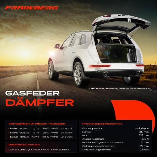 Frankberg 2x Gasfeder Dämpfer Heckklappe für Nissan Bluebird Hatchback T12 T72 Schrägheck 1985-1992 Bild Frankberg 2x Gasfeder Dämpfer Heckklappe für Nissan Bluebird Hatchback T12 T72 Schrägheck 1985-1992