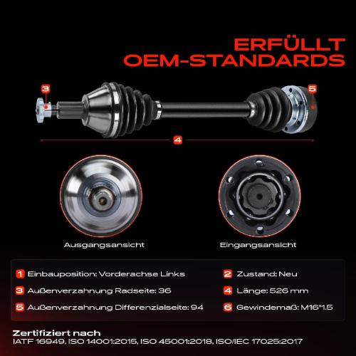 1x Antriebswelle Vorderachse Links für Audi A2 8Z0 2000-2005 1.4L 1.6L Bild 1x Antriebswelle Vorderachse Links für Audi A2 8Z0 2000-2005 1.4L 1.6L
