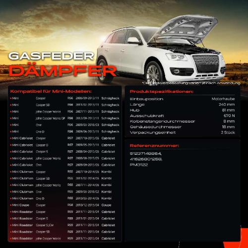 Frankberg 2x Gasfeder Dämpfer Motorhaube für MINI Mini R56 R57 R55 R58 R59 Schrägheck 2006-2015 Bild Frankberg 2x Gasfeder Dämpfer Motorhaube für MINI Mini R56 R57 R55 R58 R59 Schrägheck 2006-2015