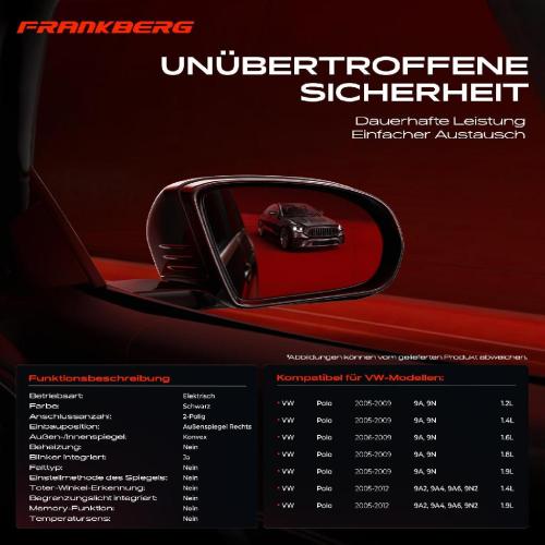 Frankberg 1x Außenspiegel Rechts für VW Polo 9A 9N 1.2L 1.4L 1.6L 1.8L 1.9L 2005-2012 Bild Frankberg 1x Außenspiegel Rechts für VW Polo 9A 9N 1.2L 1.4L 1.6L 1.8L 1.9L 2005-2012