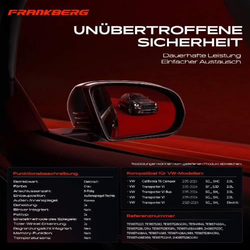 Frankberg 1x Außenspiegel Rechts für VW California SG SHC Transporter SG SH SF SJD Bj ab 2015 Bild Frankberg 1x Außenspiegel Rechts für VW California SG SHC Transporter SG SH SF SJD Bj ab 2015