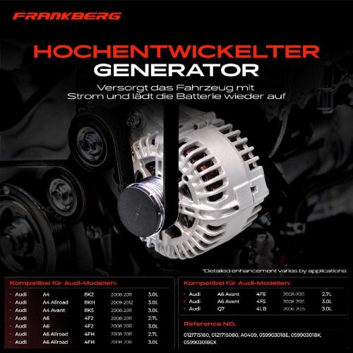 Frankberg 1x Lichtmaschine Generator für Audi A4 8K A6 4F Allroad Avant Q7 4LB 2.7L 3.0L Bild Frankberg 1x Lichtmaschine Generator für Audi A4 8K A6 4F Allroad Avant Q7 4LB 2.7L 3.0L