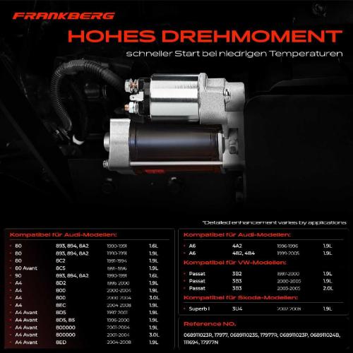 Frankberg 1x Anlasser Starter für VW Passat Variant Audi 80 Avant 90 A4 A6 Cabriolet Skoda Superb I 1990-2008 Bild Frankberg 1x Anlasser Starter für VW Passat Variant Audi 80 Avant 90 A4 A6 Cabriolet Skoda Superb I 1990-2008