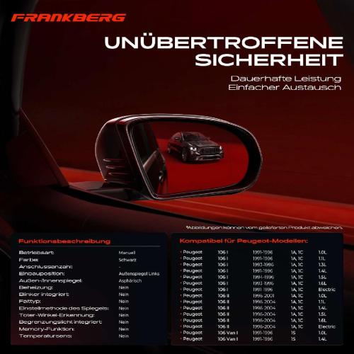 Frankberg 1x Außenspiegel Links für Peugeot 106 I 1A 1C 1S 1.0L 1.1L 1.3L 1.4L 1991-2004 Bild Frankberg 1x Außenspiegel Links für Peugeot 106 I 1A 1C 1S 1.0L 1.1L 1.3L 1.4L 1991-2004