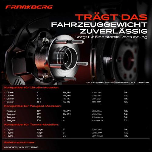 Frankberg 1x Radnabe Radlagersatz Hinterachse beidseitig für Citroën C1 II Peugeot 107 108 Toyota Aygo Bj ab 2005 Bild Frankberg 1x Radnabe Radlagersatz Hinterachse beidseitig für Citroën C1 II Peugeot 107 108 Toyota Aygo Bj ab 2005