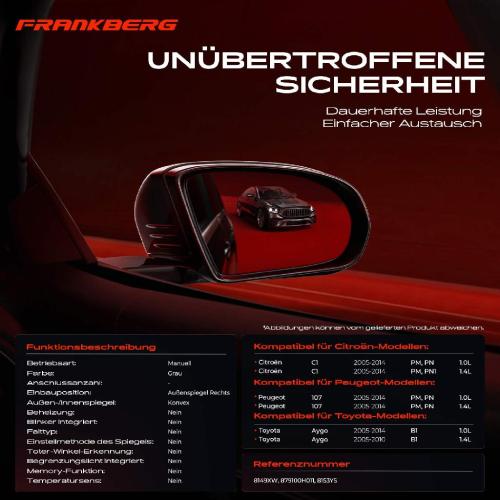 Frankberg 1x Außenspiegel Rechts für Citroën C1 PM PN Peugeot 107 Toyota Aygo B1 2005-2014 Bild Frankberg 1x Außenspiegel Rechts für Citroën C1 PM PN Peugeot 107 Toyota Aygo B1 2005-2014