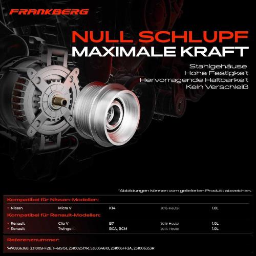 Frankberg 1x Generatorfreilauf Lichtmaschine für Renault Twingo III Clio V Nissan Micra V Bild Frankberg 1x Generatorfreilauf Lichtmaschine für Renault Twingo III Clio V Nissan Micra V