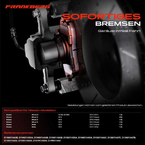 Frankberg 4x Bremsbeläge Vorderachse für Nissan Micra IV V Note 1.2L 0.9L 1.0L 1.5L 2010-2025 Bild Frankberg 4x Bremsbeläge Vorderachse für Nissan Micra IV V Note 1.2L 0.9L 1.0L 1.5L 2010-2025