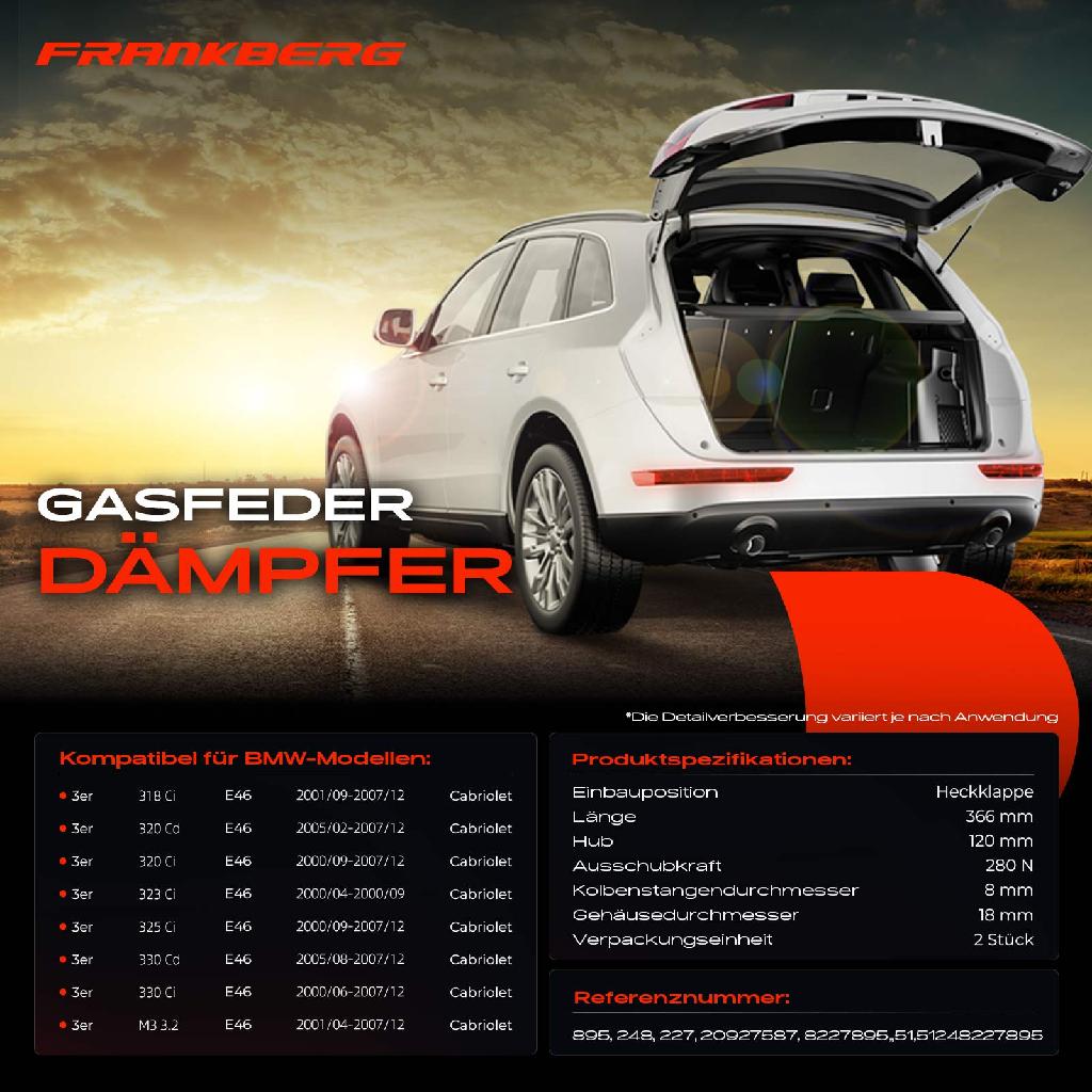 2x Gasfeder Dämpfer Heckklappe BMW 3er E46 Cabriolet 2000-2007