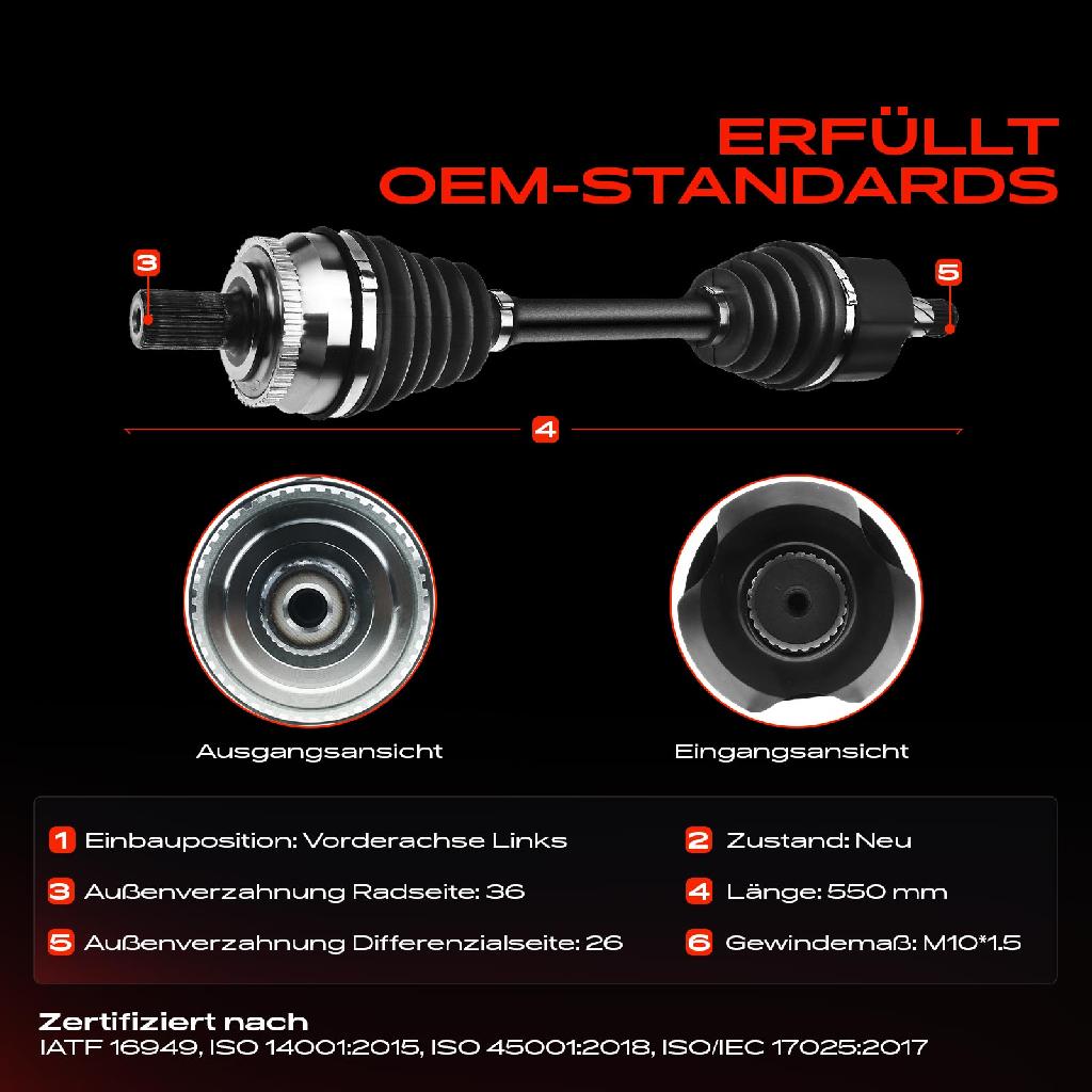 1x Antriebswelle Vorderachse Links für Volvo S80 I 184 2.4L 1999-2006