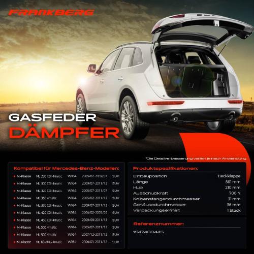 Frankberg 1x Gasfeder Dämpfer Heckklappe für Mercedes-Benz M-Klasse W164 SUV 2005-2011 Bild Frankberg 1x Gasfeder Dämpfer Heckklappe für Mercedes-Benz M-Klasse W164 SUV 2005-2011