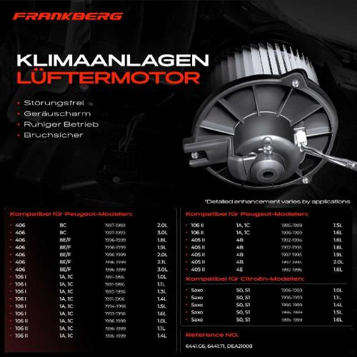 Frankberg 1x Gebläsemotor Innenraumgebläse für Citroën Saxo S0 S1 Peugeot 106 I 1A 1C 406 8B Bild Frankberg 1x Gebläsemotor Innenraumgebläse für Citroën Saxo S0 S1 Peugeot 106 I 1A 1C 406 8B