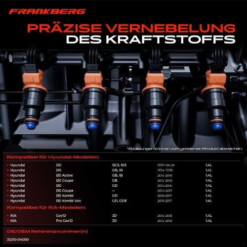 Frankberg 4x Einspritzventil Einspritzdüse für Hyundai Accent i20 i30 KIA Cee'D Bild Frankberg 4x Einspritzventil Einspritzdüse für Hyundai Accent i20 i30 KIA Cee'D