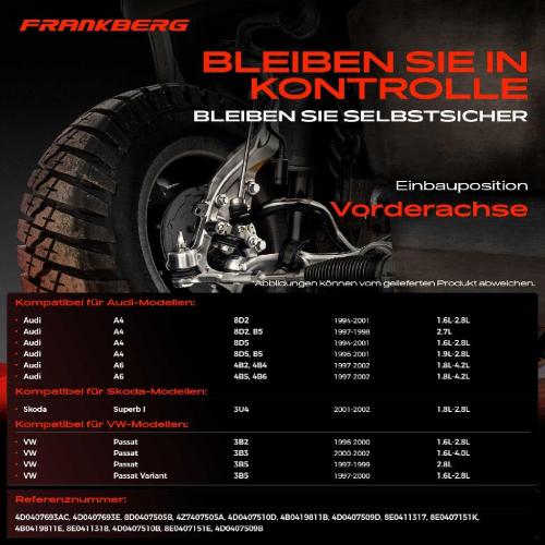 Frankberg 1x Querlenker Satz Vorderachse für VW Passat Kombi Variant Audi A4 Avant A6 Skoda Superb I 1994-2002 Bild Frankberg 1x Querlenker Satz Vorderachse für VW Passat Kombi Variant Audi A4 Avant A6 Skoda Superb I 1994-2002