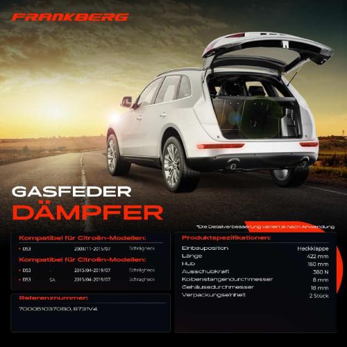 Frankberg 2x Gasfeder Dämpfer Heckklappe Citroën DS DS3 SA Schrägheck 2009-2019 Bild Frankberg 2x Gasfeder Dämpfer Heckklappe Citroën DS DS3 SA Schrägheck 2009-2019