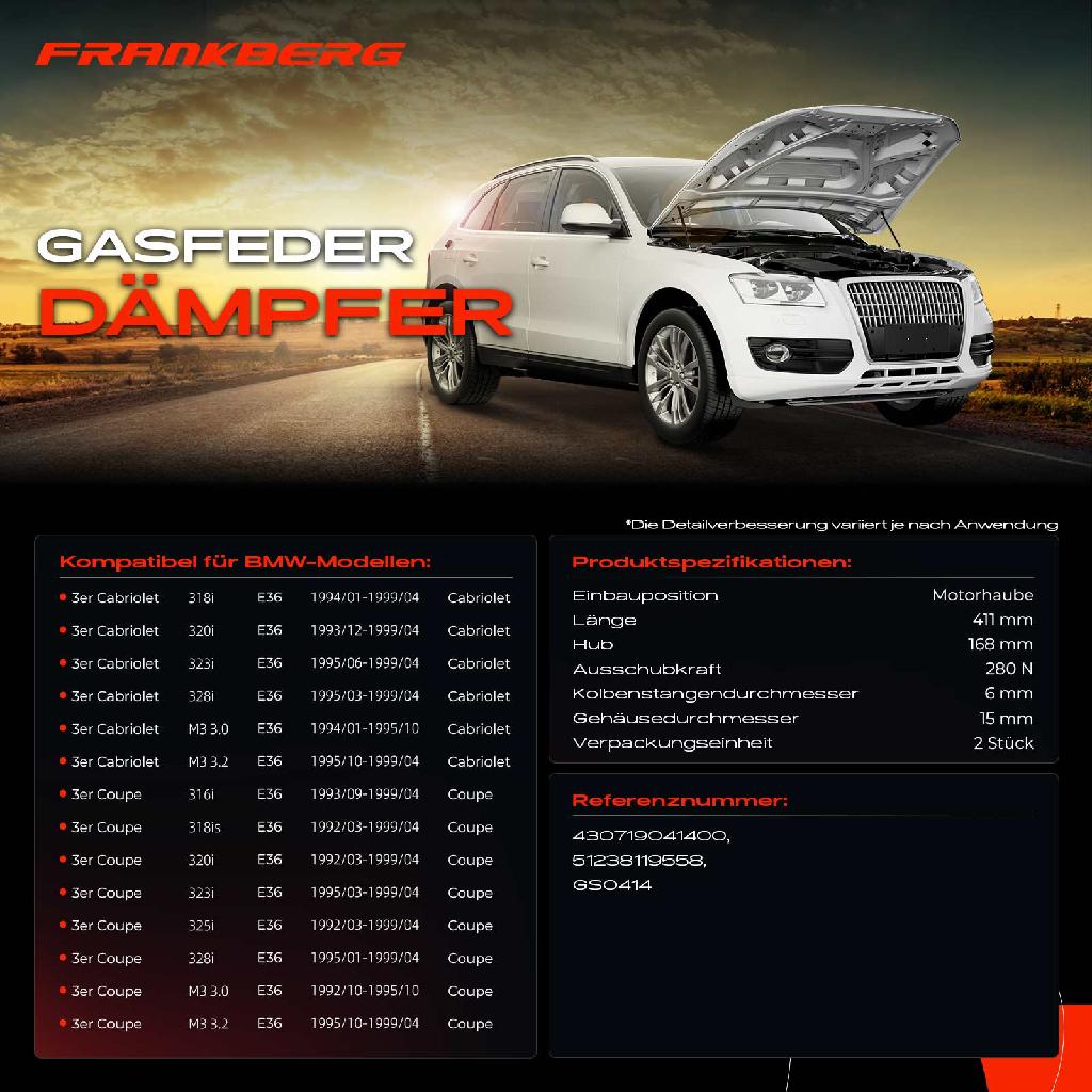 2x Gasfeder Dämpfer Motorhaube für BMW 3er E36 Cabriolet Coupe 1992-1999