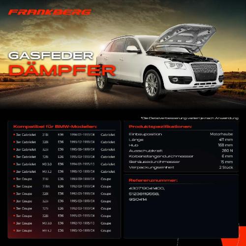 Frankberg 2x Gasfeder Dämpfer Motorhaube für BMW 3er E36 Cabriolet Coupe 1992-1999 Bild Frankberg 2x Gasfeder Dämpfer Motorhaube für BMW 3er E36 Cabriolet Coupe 1992-1999