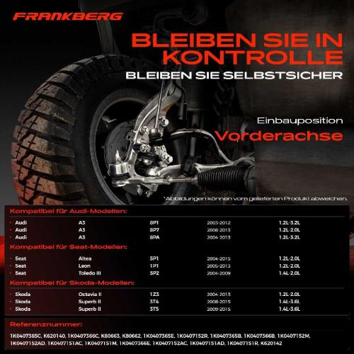 Frankberg 1x Querlenker Satz Vorderachse für VW Caddy MPV Kasten/MPV EOS Golf Plus V Variant VI Jetta Scirocco Touran Bild Frankberg 1x Querlenker Satz Vorderachse für VW Caddy MPV Kasten/MPV EOS Golf Plus V Variant VI Jetta Scirocco Touran