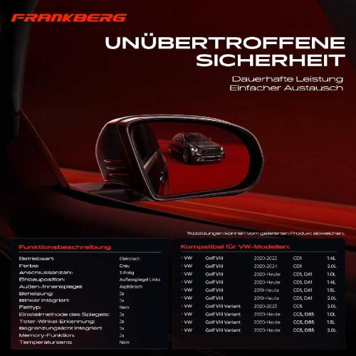 Frankberg 1x Außenspiegel Links für VW Golf VIII Variant CD1 CD1 DA1 CG5 CG5 DB5 Bild Frankberg 1x Außenspiegel Links für VW Golf VIII Variant CD1 CD1 DA1 CG5 CG5 DB5