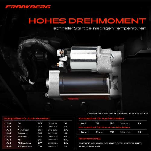 Frankberg 1x Anlasser Starter für Audi A4 Allroad Avant A5 Cabriolet Sportback Q5 Porsche Macan 1.8L 2.0L Bj ab 2008 Bild Frankberg 1x Anlasser Starter für Audi A4 Allroad Avant A5 Cabriolet Sportback Q5 Porsche Macan 1.8L 2.0L Bj ab 2008