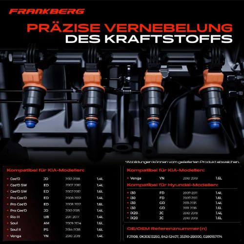 Frankberg 4x Einspritzventil Einspritzdüse für Hyundai Accent i30 iX20 KIA Cee'D Cerato Soul Bild Frankberg 4x Einspritzventil Einspritzdüse für Hyundai Accent i30 iX20 KIA Cee'D Cerato Soul