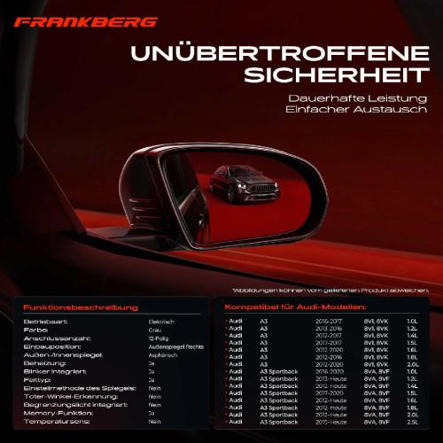 Frankberg 1x Außenspiegel Rechts für Audi A3 A3 Sportback 8V1 8VK 8VA 8VF 1.2L 1.4L Bj ab 2012 Bild Frankberg 1x Außenspiegel Rechts für Audi A3 A3 Sportback 8V1 8VK 8VA 8VF 1.2L 1.4L Bj ab 2012