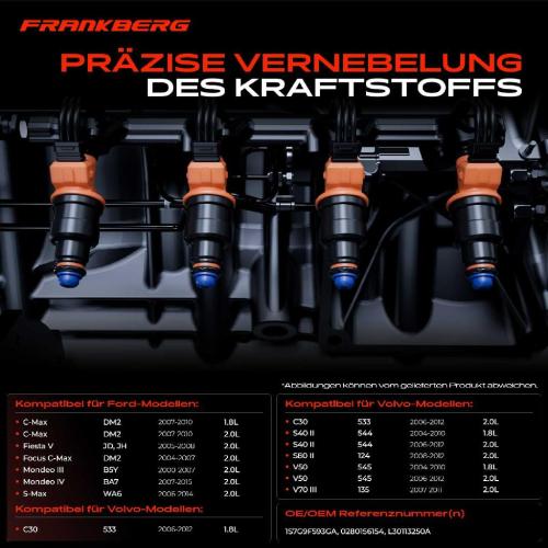 Frankberg 4x Einspritzventil Einspritzdüse für Ford C-Max Focus Mondeo Galaxy Volvo C30 S40 V50 Bild Frankberg 4x Einspritzventil Einspritzdüse für Ford C-Max Focus Mondeo Galaxy Volvo C30 S40 V50