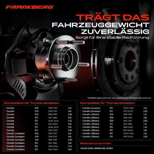 Frankberg 1x Radnabe Radlagersatz Hinterachse beidseitig f r Toyota Corolla Compact Liftback Station Wagon Bild Frankberg 1x Radnabe Radlagersatz Hinterachse beidseitig f r Toyota Corolla Compact Liftback Station Wagon