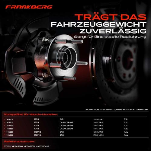 Frankberg 1x Radnabe Radlagersatz Vorderachse beidseitig für Mazda 121 II III Demio 1.3L 1.2L 1.8L 1.5L 1990-2003 Bild Frankberg 1x Radnabe Radlagersatz Vorderachse beidseitig für Mazda 121 II III Demio 1.3L 1.2L 1.8L 1.5L 1990-2003