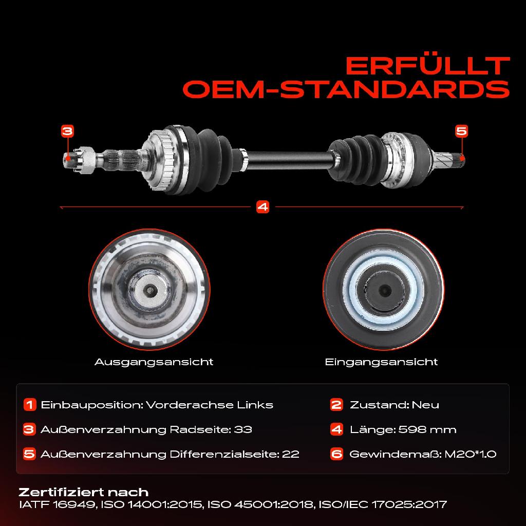 1x Antriebswelle Vorderachse Links für Opel Astra G CC F08 F48 Astra G F67