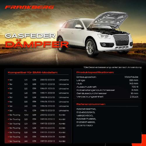 Frankberg 2x Gasfeder Dämpfer Motorhaube für BMW 5er E39 Limousine 1995-2003 Bild Frankberg 2x Gasfeder Dämpfer Motorhaube für BMW 5er E39 Limousine 1995-2003