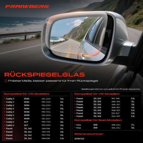 1x Spiegelglas Außenspiegel links für VW Passat 35I 3A5 Caddy 9K9A Seat Inca 6K9 Bild 1x Spiegelglas Außenspiegel links für VW Passat 35I 3A5 Caddy 9K9A Seat Inca 6K9