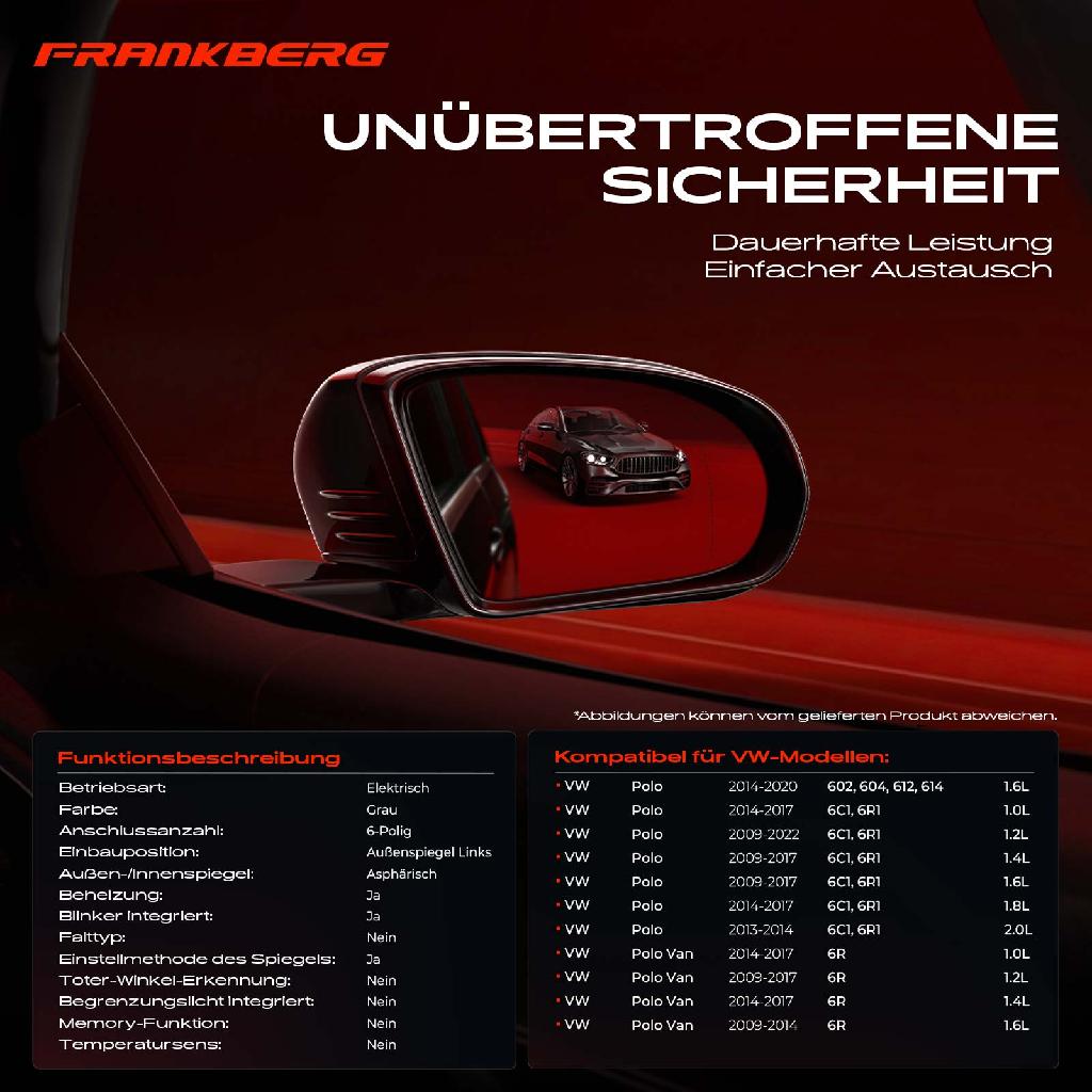 1x Außenspiegel Links für VW Polo Van 6C1 6R1 602 604 612 614 2009-2022