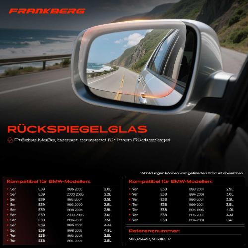 1x Spiegelglas Außenspiegel links für BMW 5er Touring E39 7er E38 2.0L 2.2L 6.9L Bild 1x Spiegelglas Außenspiegel links für BMW 5er Touring E39 7er E38 2.0L 2.2L 6.9L
