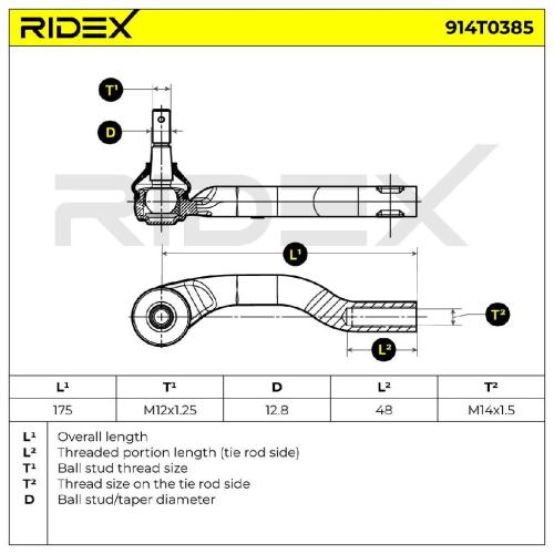 RIDEX Spurstangenkopf Vorderachse links Traggelenk M12x1.25 914T0385 mit Bild RIDEX Spurstangenkopf Vorderachse links Traggelenk M12x1.25 914T0385 mit