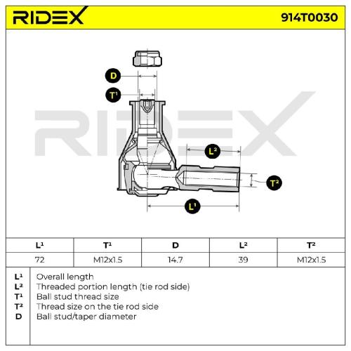RIDEX Spurstangenkopf Vorderachse Traggelenk M12x1,5 914T0030 Bild RIDEX Spurstangenkopf Vorderachse Traggelenk M12x1,5 914T0030