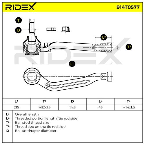 RIDEX Spurstangenkopf Vorderachse rechts Traggelenk FM14X1.5 RHT MM12X1.5 RHT Bild RIDEX Spurstangenkopf Vorderachse rechts Traggelenk FM14X1.5 RHT MM12X1.5 RHT